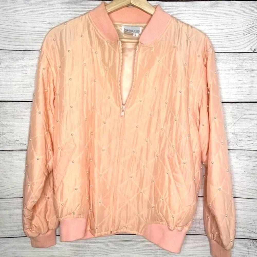 lew magram Vintage 100% Silk Peachy Pink Quilted Pearl Bomber Jacket S